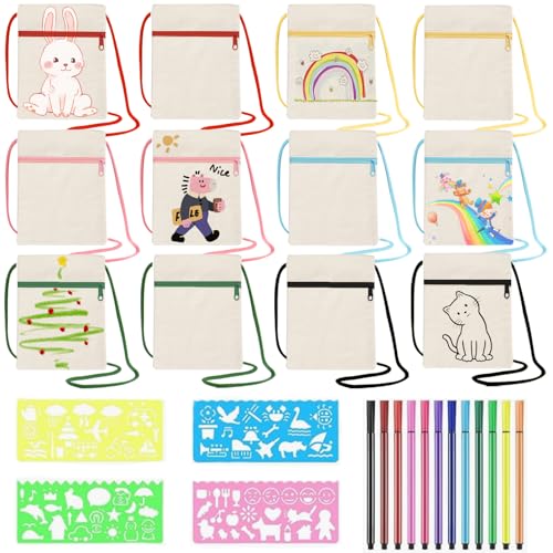 Joycabin 12 Pièces Sacs en Tissu à Colorier pour Enfants, 18 x 12 cm Sacs en Tissu Vierges DIY, Sac à Bandoulière pour Enfants avec 12 Stylos de Couleur et...