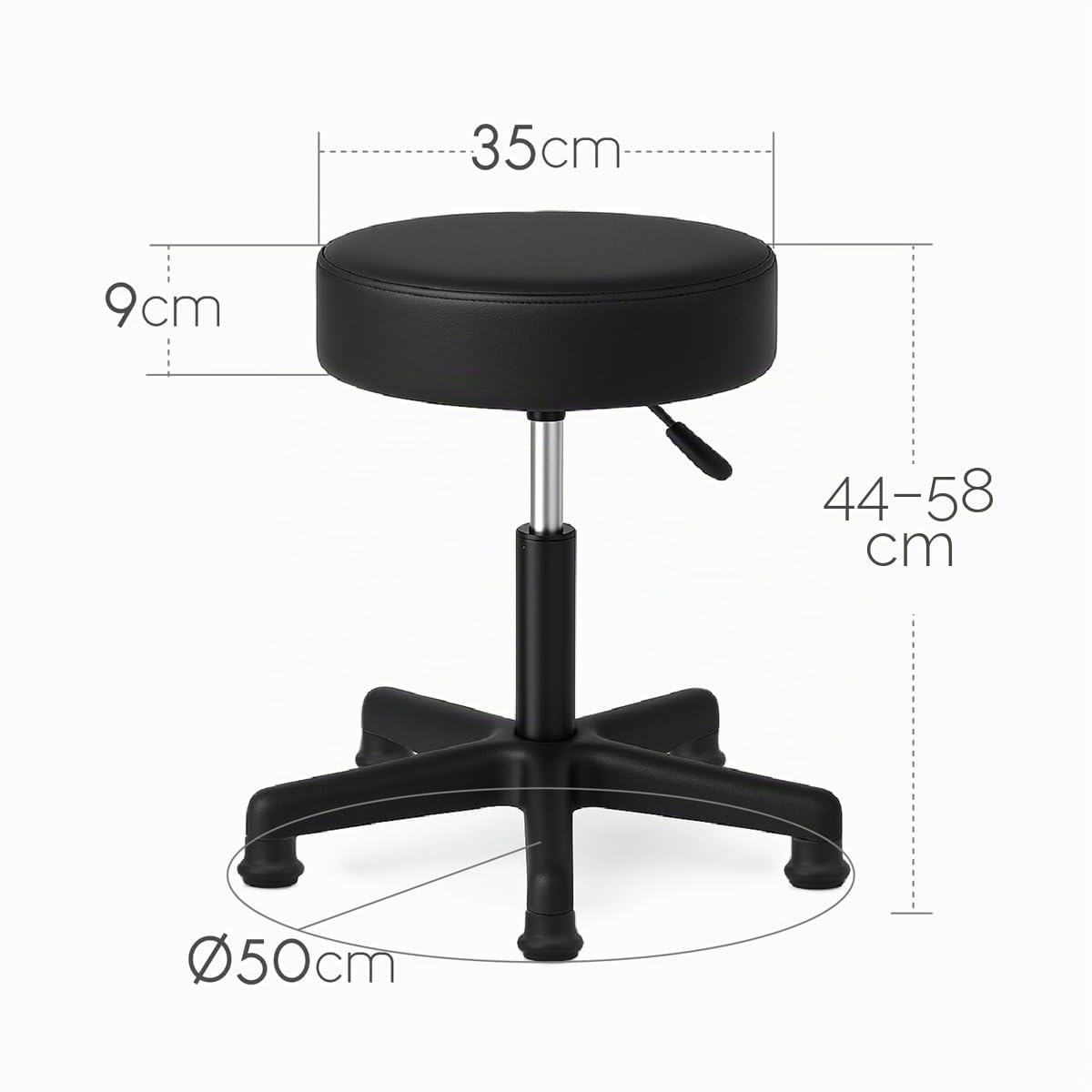 Waytex Drehbarer Hocker ohne Rollen - Höhenverstellbar 44-58 cm - Feste Füße - Bequemer Sitz Kunstleder Schwarz - Stabil für Heim und Arbeitsplatz