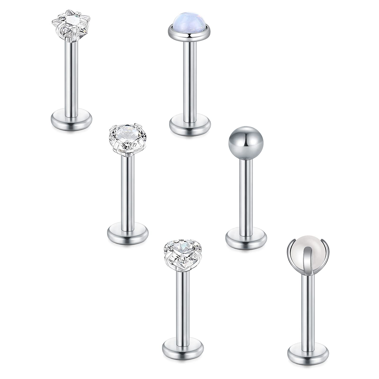 Briana Williams 6 Piezas Piercing Labio Labret Studs Acero Inoxidable 16G 6/8/10mm Barra Piercing Oreja Tragus Helix