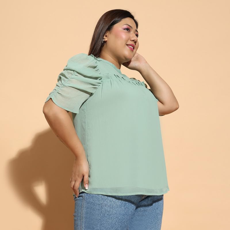 Image of oxolloxo Women Plus Size Round Neck Short Sleeve with Gather Pleates Ruffle Detail Top