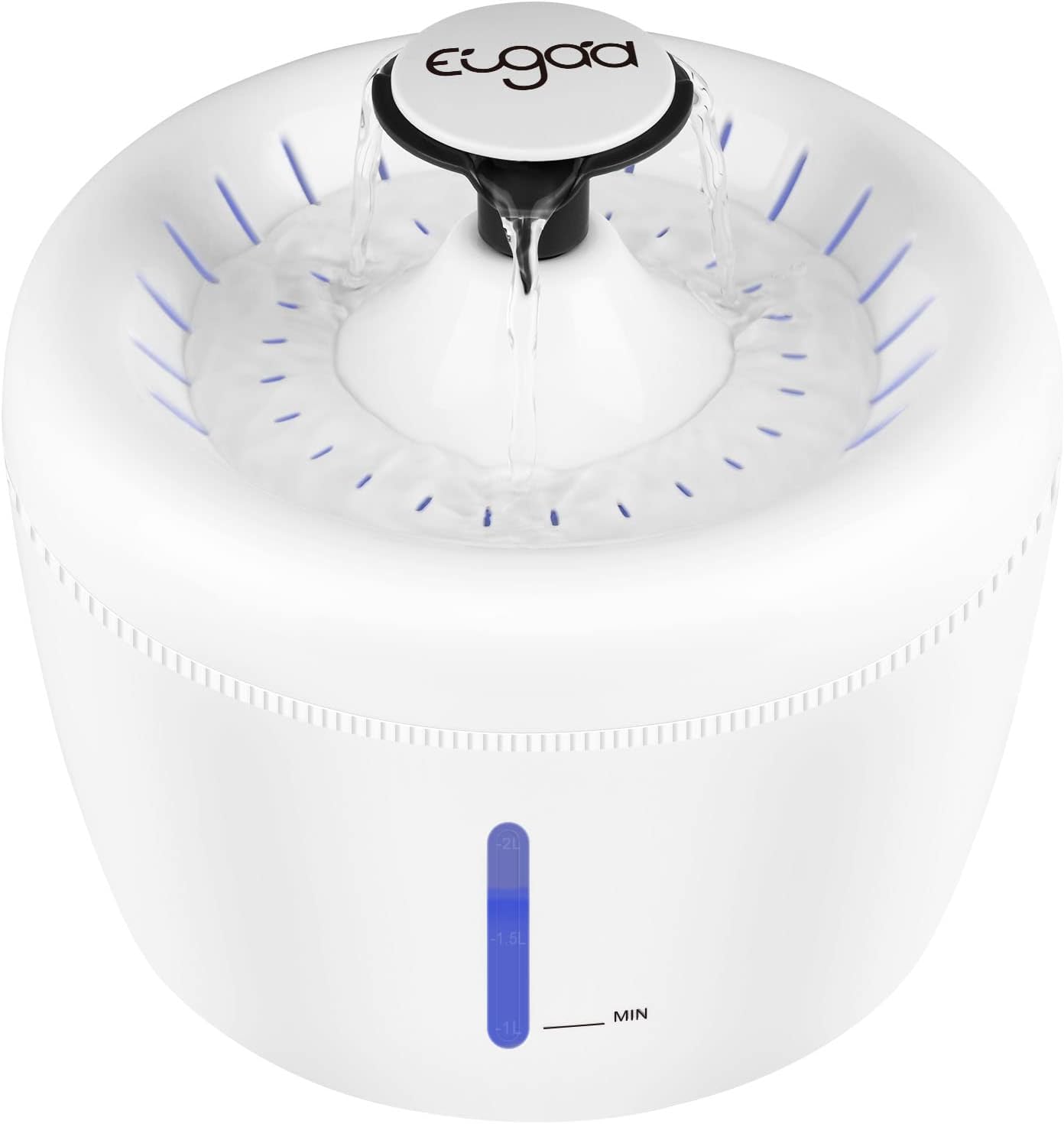EUGAD Fuente para Gatos, Bebedero Gatos Automático 2,5 L, Fuente Gatos, Fuente Agua Mascotas, Luz LED, Bomba Silenciosa 35 dB, 2 Modos de Flujo de Agua, Material PP sin BPA, Blanco