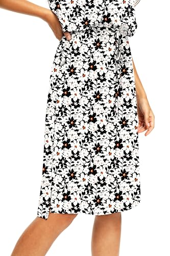 Image of Simier Fariry Women Summer Sleeve Modest Work Casual Midi Knee Dress Hide Belly Travel Outfit Floral White XL