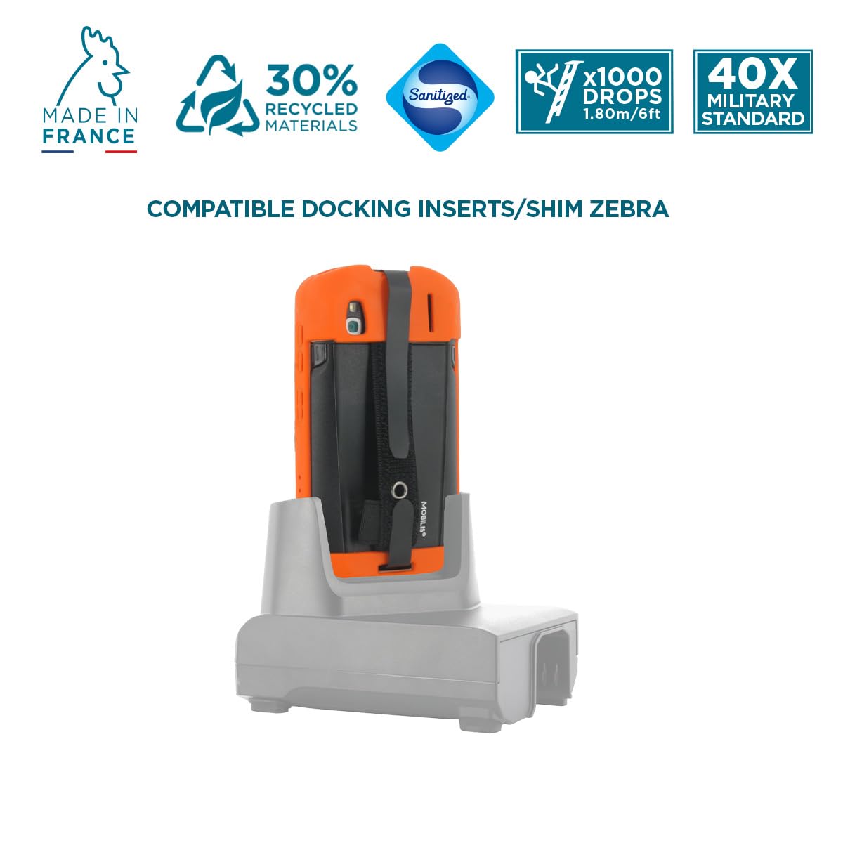 MOBILIS Custodia per terminale Zebra TC51 TC52 TC56 TC57 con zampa di sequestro e porta penna, custodia rinforzata protezione militare, prodotta in Francia, Antimicrobico, arancione fluorescente