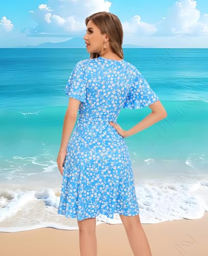 Image of Casual Summer Sundress for Women Wrap V Neck Floral Short Sleeve Swing A-Line Midi Dress(1-KB,Large)