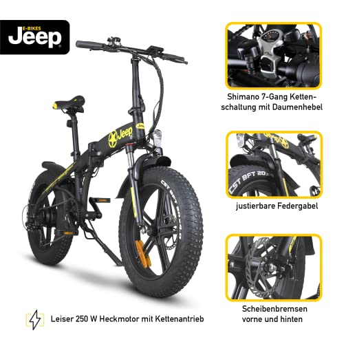 Jeep-Fold-Fat-E-Bike-FR-7020-Faltbares-E-Fatbike-20-Zoll-mit-7-Gang-Shimano-Kettenschaltung-Federgabel-250W-Heckmotor-Leistungsstarker-36V-Akku-bis-110-km-Reichweite-StVZO-Zulassung-Schwarz