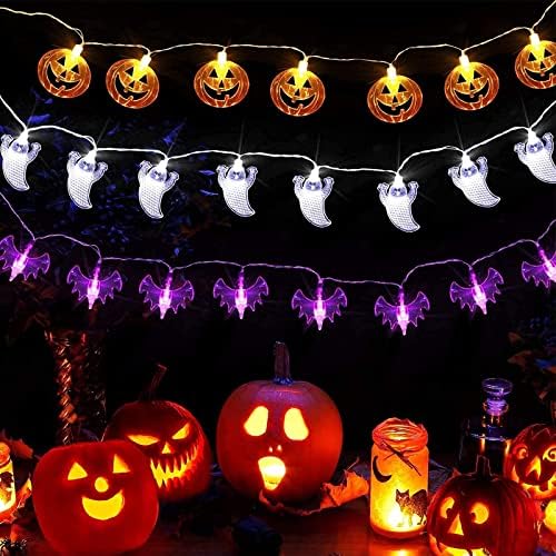 Halloween String Lights Halloween Decorations Lights Indoor Outdoor Battery Operated Halloween Fairy Lights Ghost Pumpkin Bats Led Lights for Halloween Party Home Decor 3 Pack 15 FT 30 LED (style1)