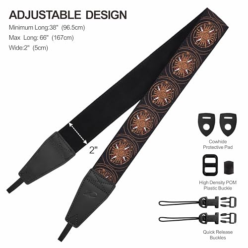 Image of Padwa Lifestyle Brown Sun God Camera Strap - 2 inch Full Grain Leather Ends Camera Straps for Photographers, Vintage Embroidered Cotton Soft Suede Fabric Padded Strap Quick Release fits All Cameras