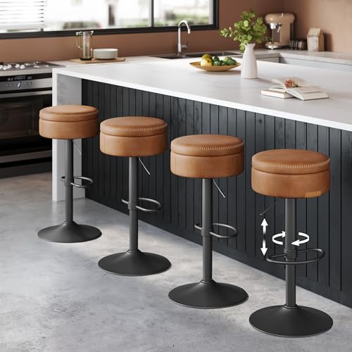 Image of VASAGLE EKHO Collection - 360 Swivel Bar Stools Set of 4, Height Adjustable Barstools with Storage, Synthetic Leather with Stitching, Mid-Century Modern, Kitchen Bar, Easy Assembly, Caramel Brown