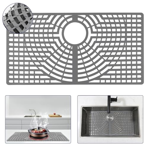 Snuggery Silicone Sink Protector 26“x14 Rear Drain Hole, Heat Resistant Non-Slip Dishwasher Suitable, Large Sink Mat for Bottom of Farmhouse Kitchen Stainless Steel Sinks(Grey