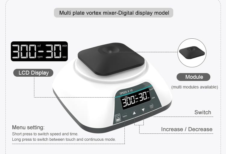 Multi-Plate Vortexer Vortex Mixer Shaker with 8 Modules Operating Mode Touch/Run Speed Range Touch 0-3000 RPM Run 100-3000rpm Control Mode PWM Speed Adjustment Digital Display
