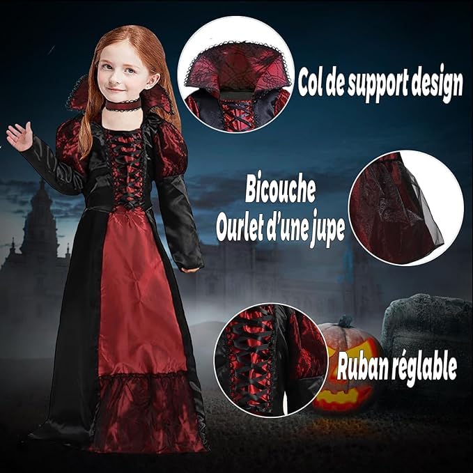 ATOWORLD Halloween Vampire Costume Kids Girls 7-8 8-9 Years with Mask Vampire Outfit Fancy Dress Kid Girls Black Vampire Dress Up Girl Gothic Royal Vampire Queen Princess Costume Kids (L) - Image 3