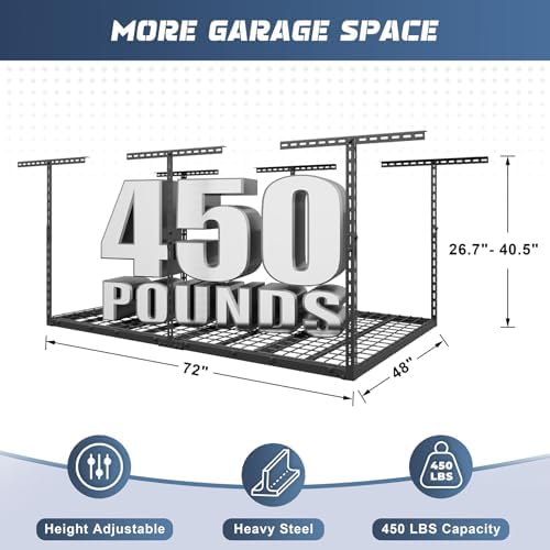 Jusgym 4X6FT Overhead Garage Storage Rack, 26"-40" Height Adjustable Garage Ceiling Storage Racks, Heavy Duty Metal Overhead Storage Organizer System, 450LBS Weight Ca - 1