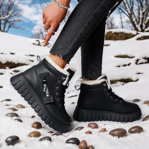 Women's Winter Boots, Lace Up Warm Sneakers, Zipper Design Thick Heels2