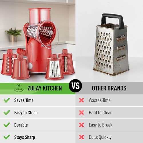 Image of Zulay Kitchen Rotary Cheese Grater 5 Blade Cheese Shredder - Manual Hand Crank Cheese Grater With Reinforced Suction & 5 Interchangeable Drums - Easy to Use, Vegetable Chopper Round Mandoline Slicer