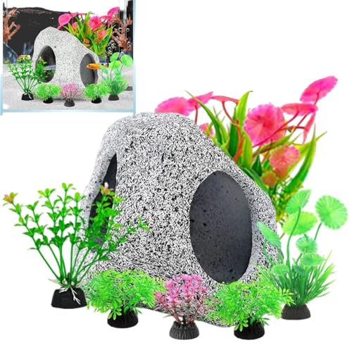 kivrimlarv Decoración de acuario, plantas artificiales, juego de adornos de cueva de roca, adornos de peces de acuario, para mascotas acuáticas de agua dulce y salada, interior y hogar