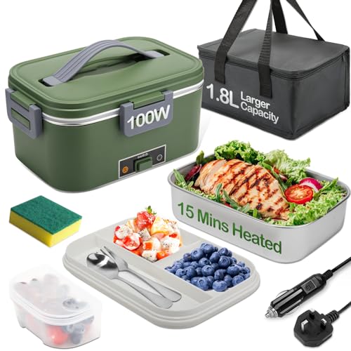 BYbrutek Electric Lunch Box 100W, 1.8L Removable Stainless Steel, 3-in-1 Portable Heated Lunch Box, 12V/24V/220V Insulated Heat Box for Car/Truck/Office/Home, with Insulated Bag and Sponge (Green)