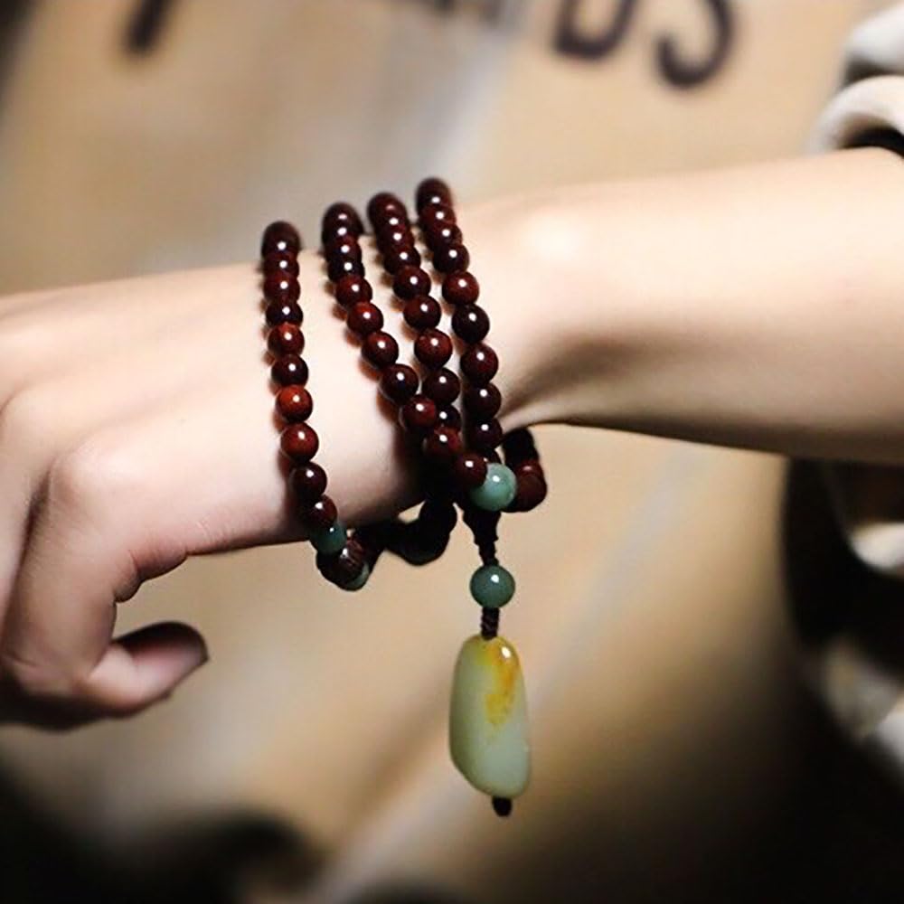 XANAYXWJ Legno di Sandalo Rosso Naturale 108 con Pendente in nefrite, Collana di Perle di Mala Buddista in Legno per Yoga, 8 mm
