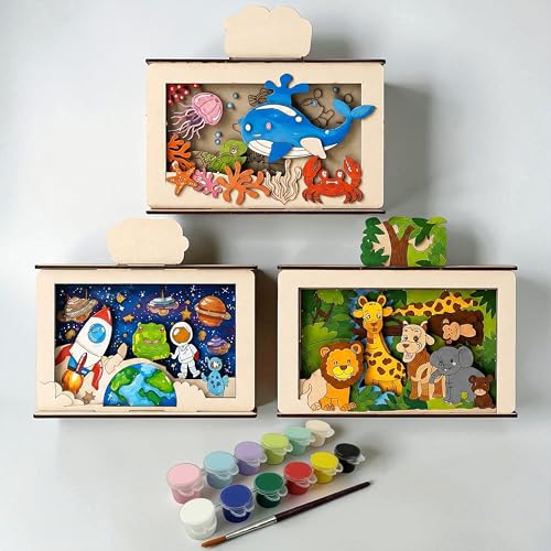Image of BAGJI TOYS 3D Wooden Painting Kit for Kids Ages 4-8 - DIY Arts & Crafts Set with Dinosaur, Ocean & Jungle Animal Shapes, 12 Paints & 1 Brush - Creative Art Activity, Return Gifts, Birthday Party Favor, Return Gift