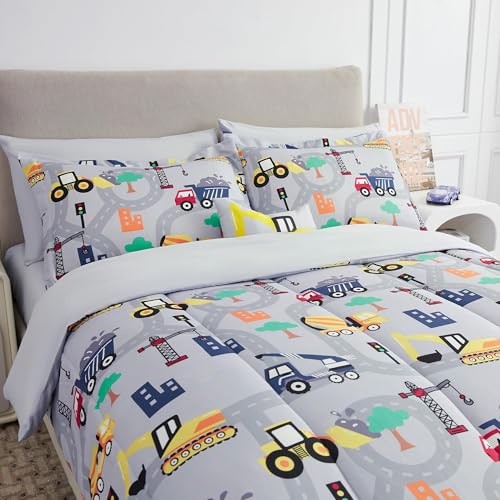 Image of Mooreeke Kids Twin Comforter Sets for Boys 6 Pieces Excavator Grey Bedding Set for Teens Soft Microfiber Kids Bed in A Bag with Comforter, Sheet Set, Shams and Decorative Toy Pillow All Season