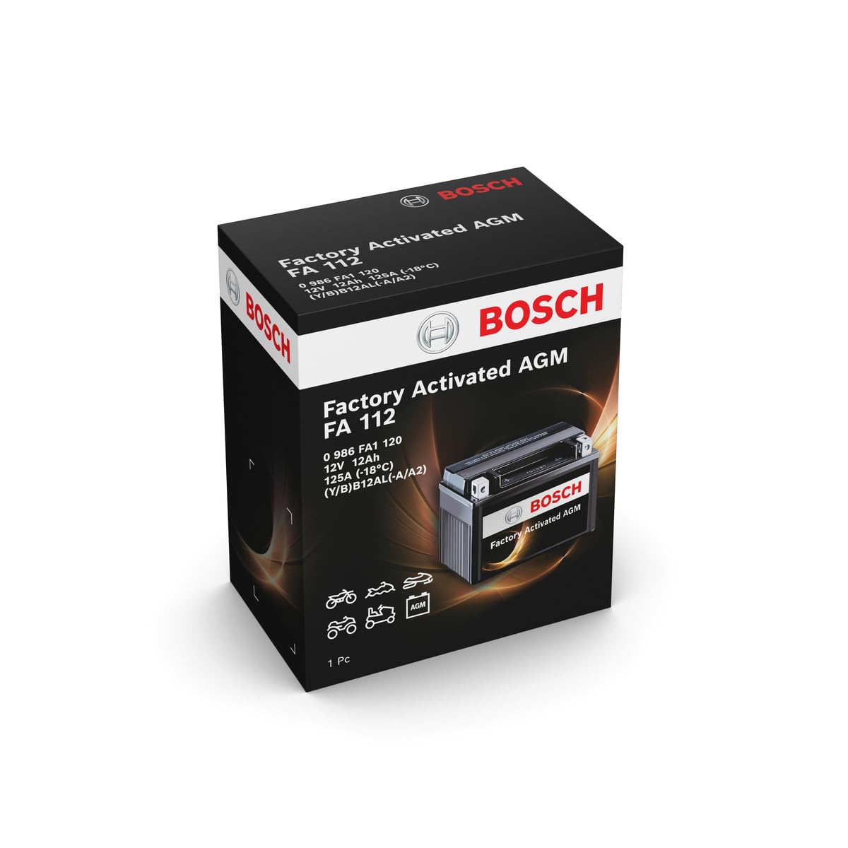 Bosch FA112 - Batería para Motocicletas AGM - 12V 125A 12Ah - Adecuada para motocicletas, motos de enduro, scooters, quads, motos de agua - Compatible M4F32, BB12AL-A, BB12AL-A2