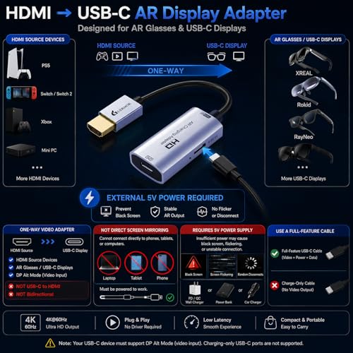Image of Guermok AR Glasses HDMI to USB-C Display Adapter, 4K@60Hz HDMI Source to USB-C Display Converter, for XREAL One /Air 2 Pro /RayNeo /Rokid, Switch 2 /1, Xbox1, PS4 /5, Portable Monitors (Silver)