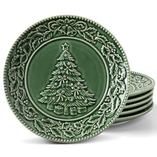 Metahom Christmas Tree Salad Plates, 8 Inch Ceramic Plate Set, Green Appetizer Dishes for Pasta, Side Dishes, Holiday Treats, Dishwasher & Microwave Safe, Set of 6 Metahom Christmas Tree Salad Plates, 8 Inch Ceramic Plate Set, Green Appetizer Dishes for Pasta, Side Dishes, Holiday Treats, Dishwasher & Microwave Safe, Set of 6