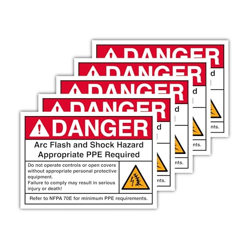 5-Pack Danger Arc Flash and Shock Hazard Signs – 4.13" x 5.83" – PPE Required Safety Labels – NFPA 70E Compliant Polypropylene Glossy-Laminated Stickers for Electrical Panels & Breaker Boxes