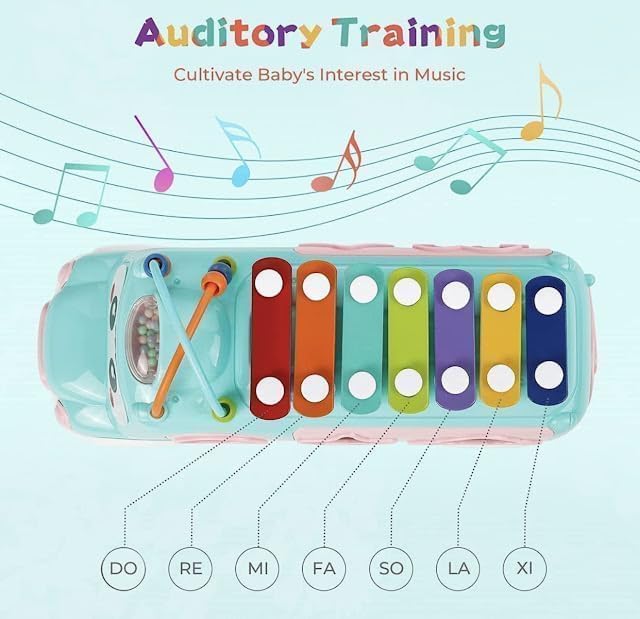 Verra Enterprise Toy School Bus , Xylophone Baby with Shape Sorter, Baby Girl Push & Pull Music Educational for Girl Boy Gifts Toddler 4
