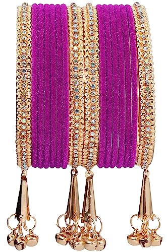 Image of NMII Metal with Zircon Gemstone and Velvet Studded Bells Latkan Bangles Set For Girls and Women I Latkan Bangles, Premium Bangle Bracelet Set I Pack of 16 Bangles