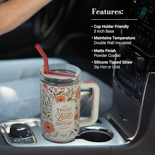 Image of Christian Art Gifts 40 oz Tumbler for Women: Trust in the Lord Bible Verse, Stainless Steel, Insulated Travel Mug with Lid, Reusable Straw & Flex Tip, White & Pink Floral, Encouraging Gift for Women