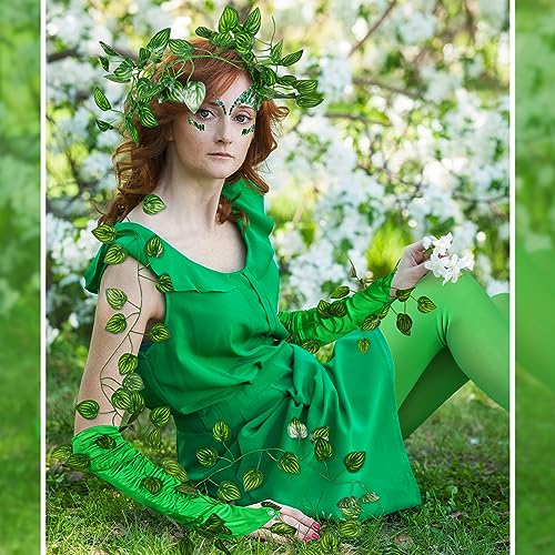 Toulite 8 Pcs Halloween Green Cosplay Costume Set for Woman Includes Bright Jewels Halloween Face Tattoo Artificial Vines Green Tights Elbow Length Long Gloves for Holiday Party Supplies