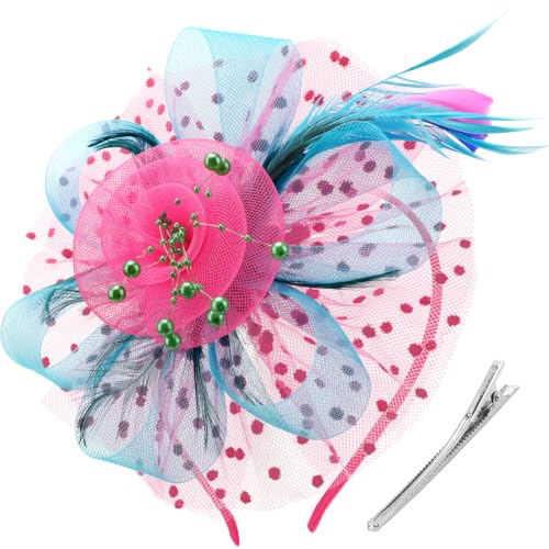 Image of DRESHOW Fascinators Hat Flower Mesh Ribbons Feathers on a Headband and a Clip Tea Party Headwear for Girls and Women