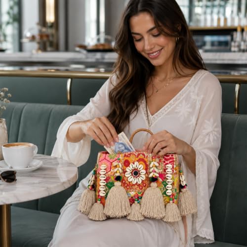 Image of MOMISY Handicraft Handmade Cotton Ethnic Rajasthani Embroidered Banjara Bags for Women Sling Clutch with Handle Purses for Ladies Girls