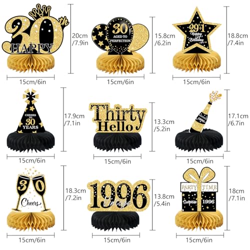 Image of 9 Pcs 30th Birthday Decorations Honeycomb Centerpieces for Women Men, Black Gold 1996 Aged to Perfection Vintage Centerpieces for Tables Toppers,Thirty Years Party Decorations Supplies