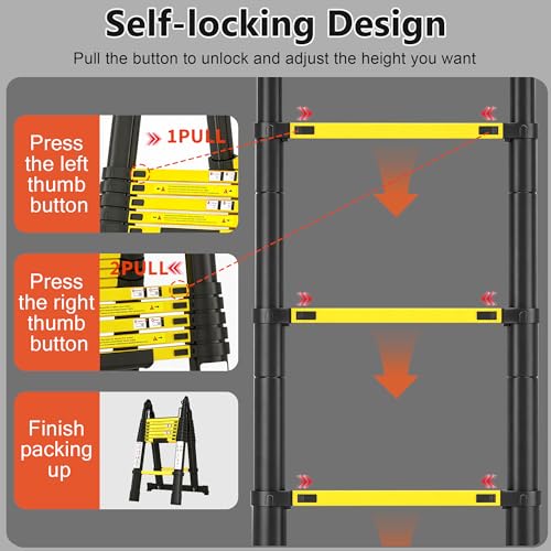 Image of Telescoping Ladder A Frame 16.5Ft with Stabilizer Bar, Black+Yellow | 330 LBS Capacity with Non-Slip Feet, Aluminum, Collapsible Extension Ladder for House, Roof, RV & Travel Trailer
