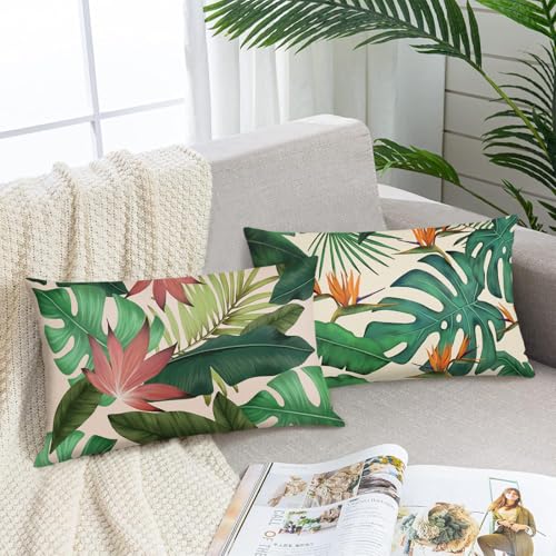 Bonhause Housse de Coussin Feuilles Tropicales 30 x 50 cm Verte Feuille Plante Décoratif Taie d'oreiller pour Canapé Salon Chambre Chaise Jardin Maison Décoration 2...