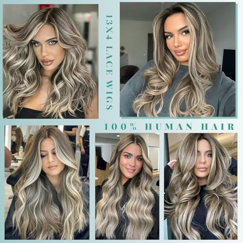 Image of Munx 13x6 Highlight Glueless Wigs 16 Inch Balayage Dark Roots Brown Lace Front Human Hair Wigs with Baby Hair Pre plucked HD Transparent Platinum Blonde Color Full Ends 180% Density Lace Frontal Wigs