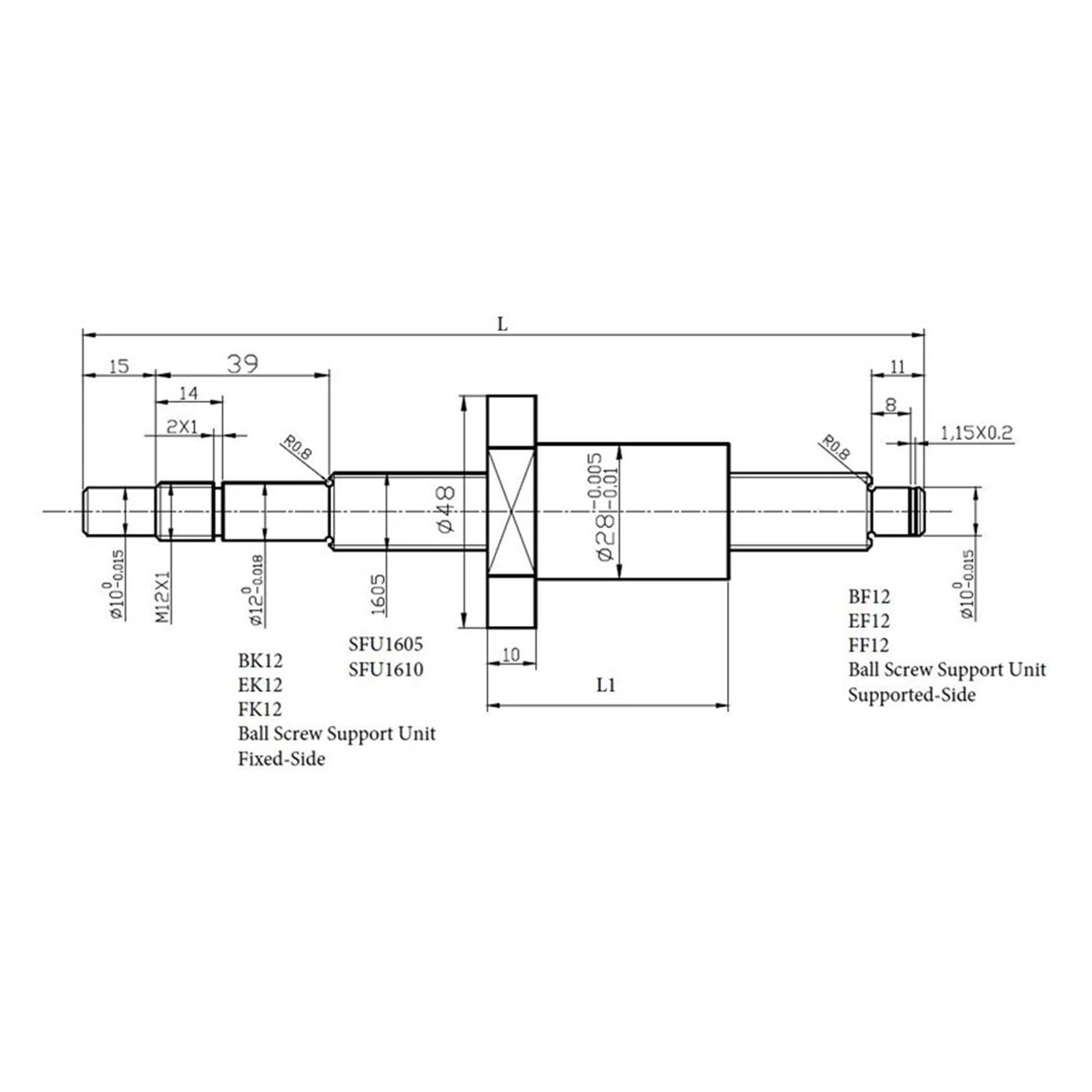 Metal Ball Screw nut Ball Screw C7 SFU1605 250mm-1550mm with Single Ballnut BK/BF12 RM1605 Ballscrew End Machined for CNC(500mm)