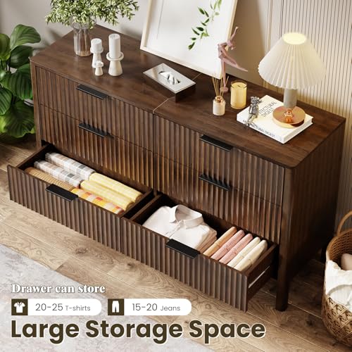 Image of 55 Inch Wide Fluted 6 Drawer Dresser for Bedroom, Wooden Dresser Modern Chest of Drawers TV Stand Dressers with Organizer Storage for Bedroom, Living Room, Entryway, Walnut