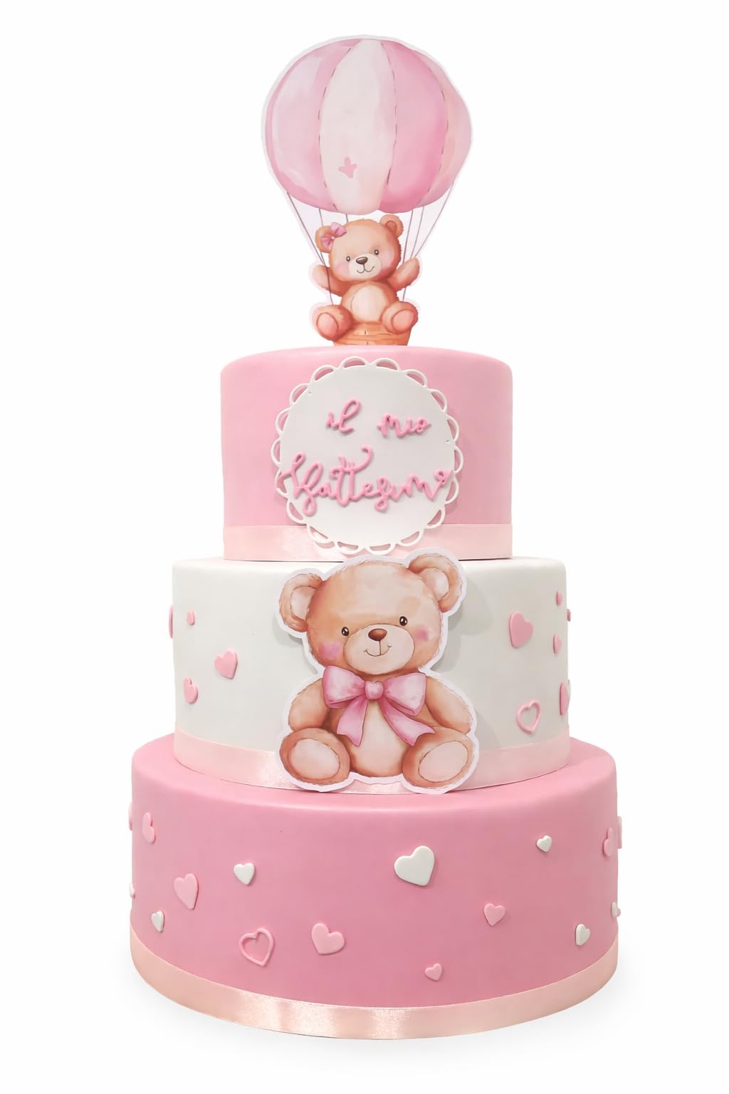Torta Scenografica Battesimo Orsetto per Bimba e Bimbo – Centrotavola Decorativo Personalizzato – Torta Finta 3 Piani – Decorazioni Battesimo Tema Orsetto – Idea Allestimento Festa e Servizio Foto