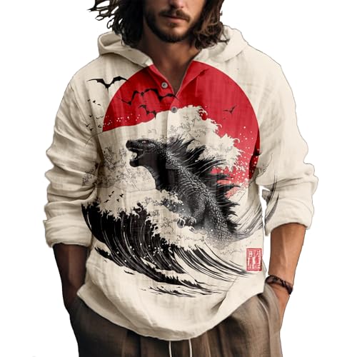Graphic Fashion Hoodies Pullover Y2K Mens Long Sleeve Hooded Sweatshirt Button Up Novelty Japanese Art Shirts