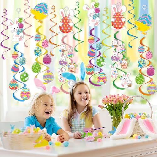 Image of Easter Decorations, Kaluofan Easter Hanging Decorations, Cute Colorful Eggs Chick Carrot E-aster Decorations for Home Office School, Unique Hanging Swirl Decorations