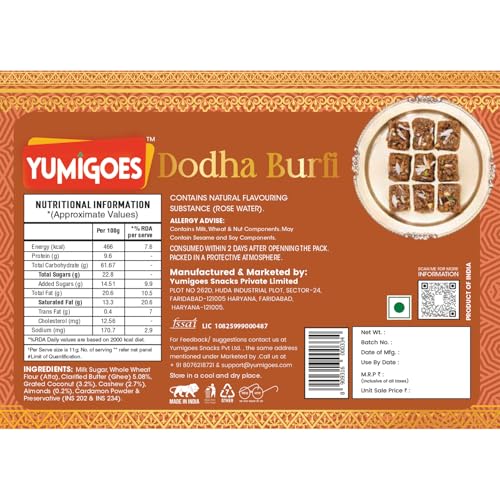 Image of Yumigoes Dodha Burfi 350g - Authentic Indian Burfi with Dry Fruits & Desi Ghee | Fudgy Indian Sweet Box for Diwali, Rakhi, Gifting & Traditional Celebrations (Pack of 3)