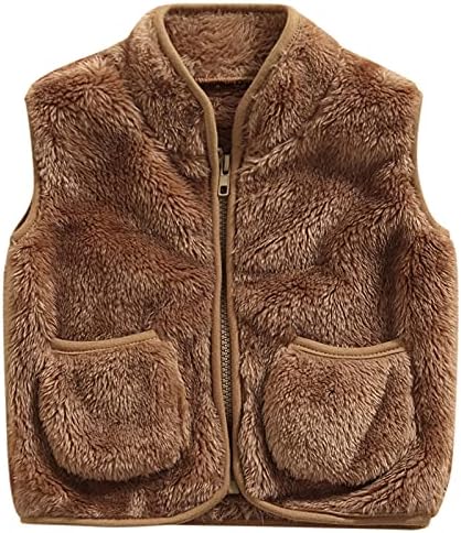 Cutoluca Infant Baby Boy Girl Clothes Sleeveless Fall Winter Plush Vest Pocket Kids Solid Zipper Outerwear Waistcoats Tops (Brown , 12-18 Months )