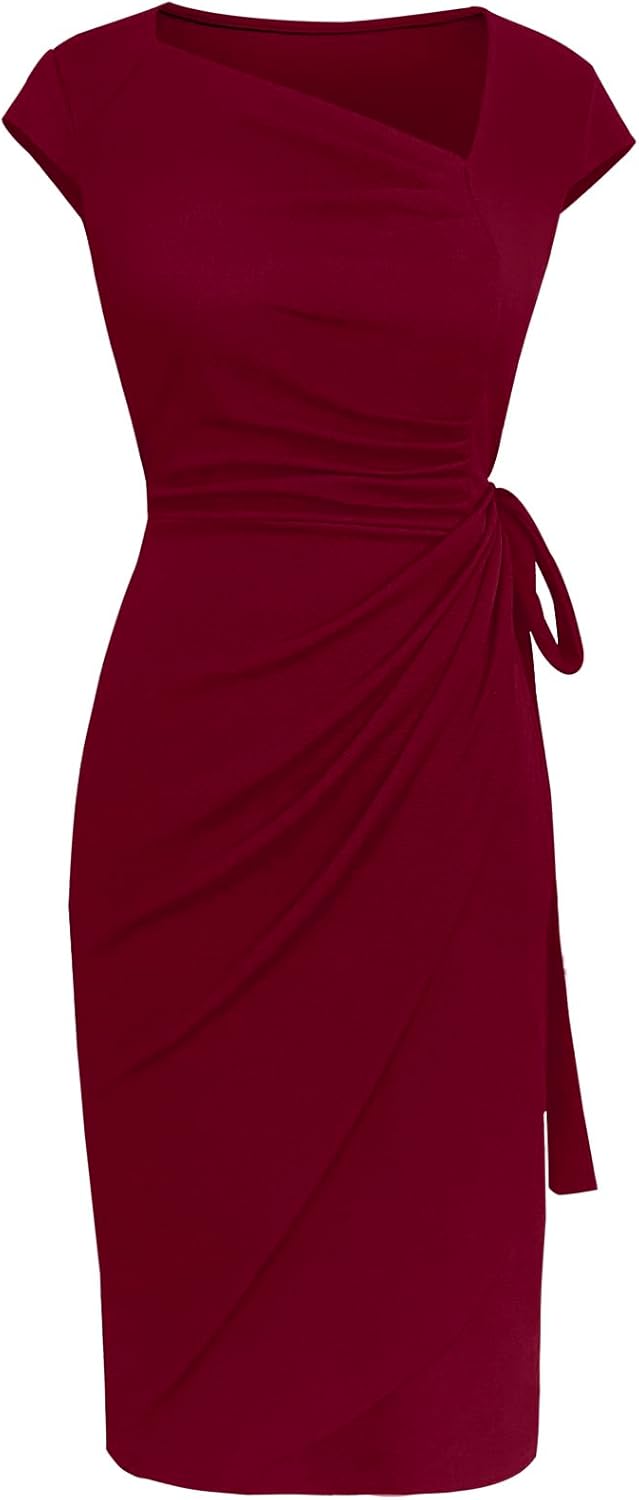 Women's Vintage Cap Sleeves Asymmetrical Neckline Sheath Bodycon Casual Work Cocktail Party Pencil Faux Wrap Dresses - Image 4