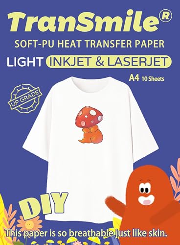 TRANSMILE Light Heat Transfer Paper A4 10 Sheets Iron on Transfers for White Fabric for Inkjet & Laser Printer Tshirt Printing Transfer Paper Printable Vinyl (TS-H-L3.0-10)