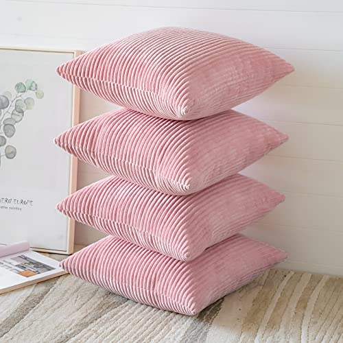 Otostar Set Of 4 Pink Soft Striped Corduroy Decorative Throw Pillow Covers 18X18 Inch Square Pillowcases For Sofa Car Patio Bedroom Living Room Home Decor Cushion Covers 45X45Cm #TOP3