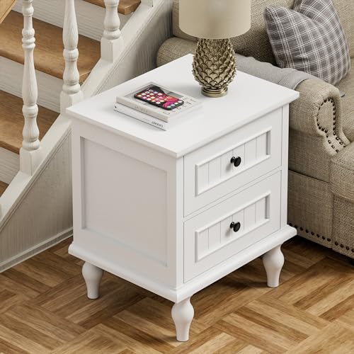 Image of Scurrty Vintage Nightstand Set of 2, Antique Style End Table with 2 Drawers, Taller Nightstand for Bedroom, Side Table for Bedroom (White)