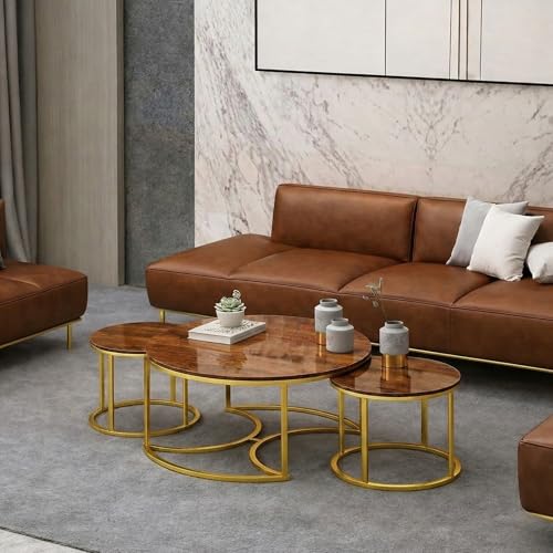 Image of Round Coffee Table Set of 3, Marble Laminated Accent Center Table with Sturdy Metal Base Modern Foldable Nesting Stacking Tables for Living Room, Bedroom. (Modern, Golden-Brown.)