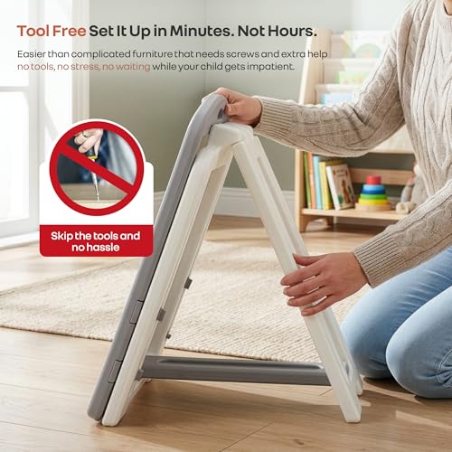Image of R for Rabbit Little Genius Doodle Duo for Kids Whiteboard with Chair Set | 7-Level Adjustable Height Study Table for 3-7 Years | Foldable & Space Saving | Desk for Learning & Drawing (Grey White)